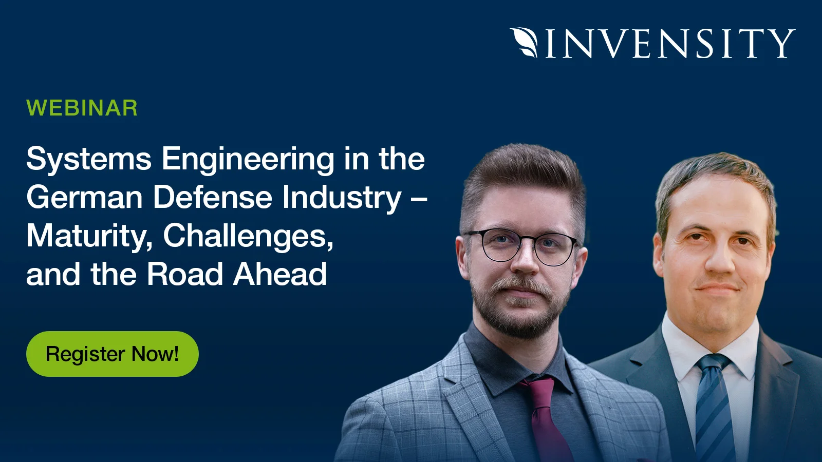Preview image for a webinar on systems engineering in the German defense industry with title and speakers.