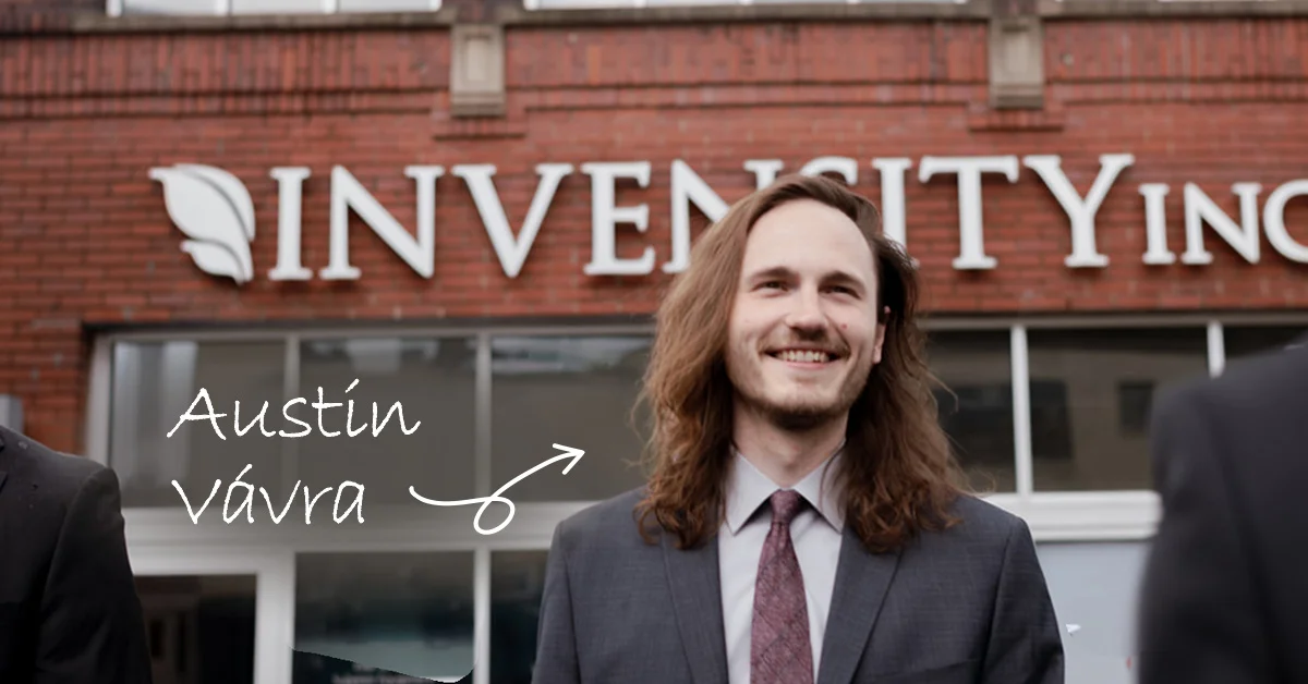 Preview image for a career blog post about being a technology consultant featuring Austin Vávra with an arrow pointing to him.