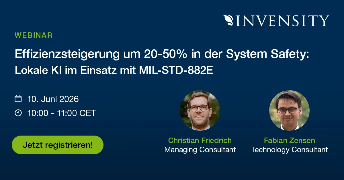 Vorschaubild zum Webinar über 20–50 % Effizienzsteigerung in der System Safety durch lokale KI nach MIL-STD-882E, mit Titel, Datum, Uhrzeit, Call-to-Action und Referenten.