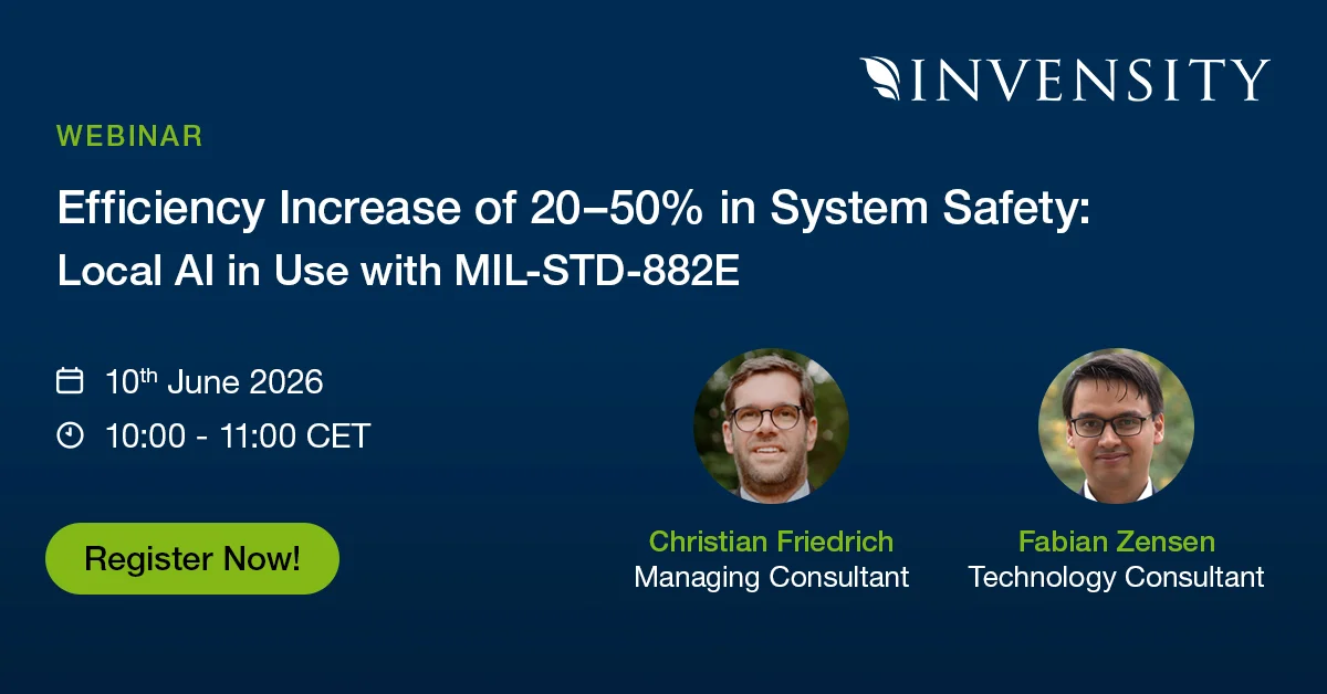 Preview image for a webinar titled “Efficiency increase of 20–50% in system safety: Local AI in use with MIL-STD-882E,” including title, date, time, call to action, and speakers.