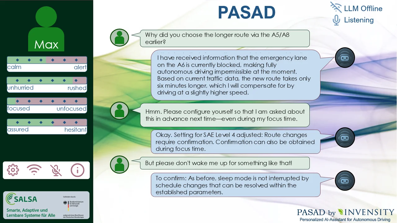 PASAD interface showing a conversation between a passenger and an AI assistant that adapts communication to user preferences.