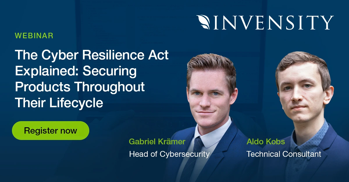 Preview image for a webinar on the Cyber Resilience Act featuring speakers Gabriel Krämer, Head of Cybersecurity, and Aldo Kobs, Technical Consultant.
