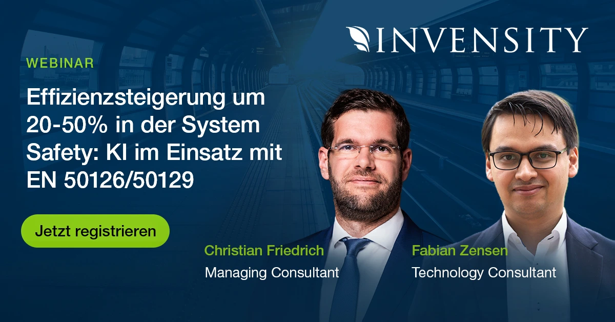 Preview image for a webinar on using AI in System Safety with EN 50126/50129, featuring speakers Christian Friedrich, Managing Consultant, and Fabian Zensen, Technology Consultant.